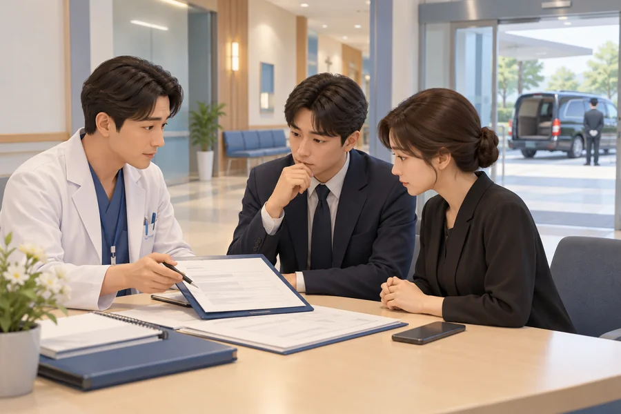 병원 상담 공간에서 가족과 의료진이 서류와 장례식장 연락 순서를 확인하는 3D 일러스트