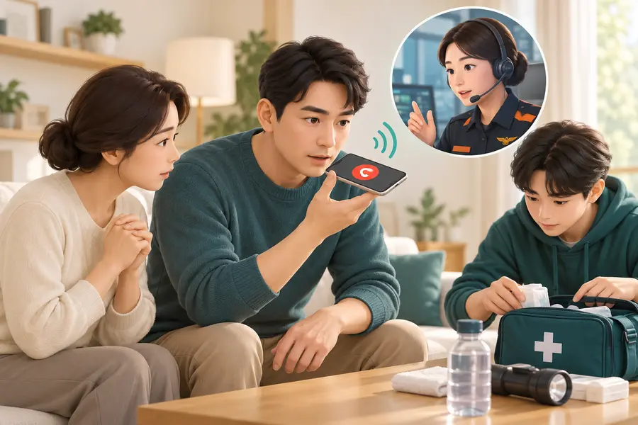 가족이 자택에서 스마트폰 스피커폰으로 119 안내를 들으며 응급 대응을 준비하는 3D 일러스트