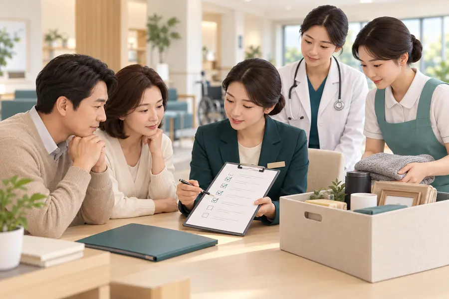 요양시설 상담 공간에서 가족과 의료진 및 시설 직원이 서류와 소지품 인계를 확인하는 3D 일러스트