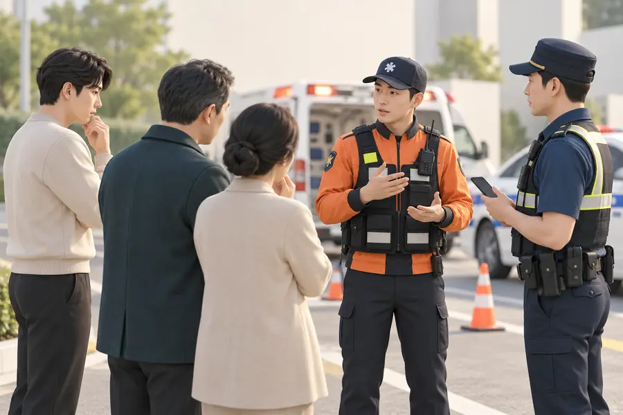 갑작스러운 응급상황 현장에서 가족이 구급대원과 경찰에게 다음 절차를 안내받는 3D 일러스트