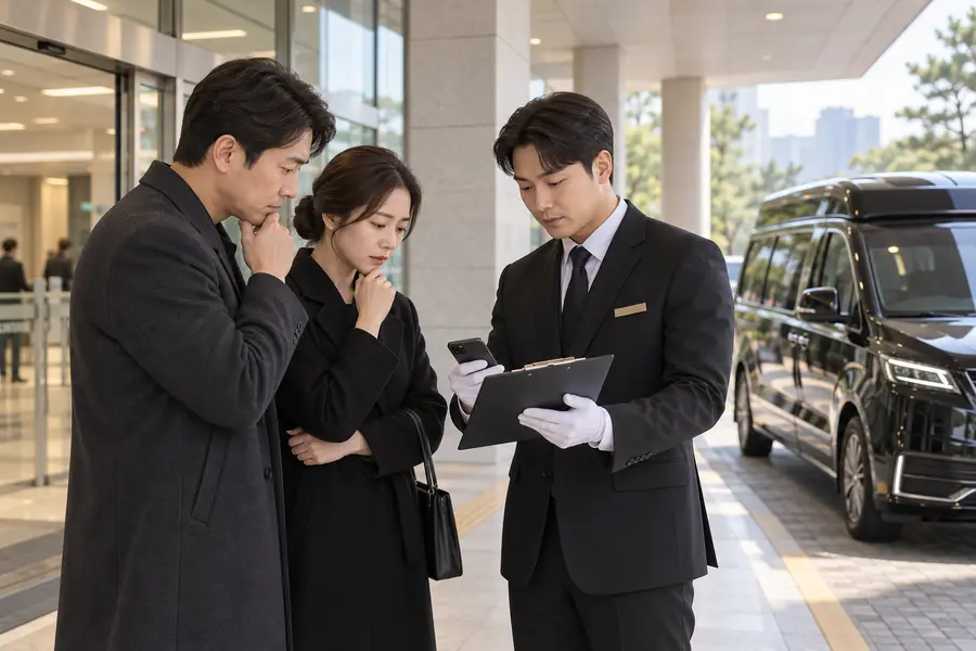 병원 출입구에서 가족과 장례지도사가 고인 이송 차량과 인계 정보를 확인하는 3D 일러스트