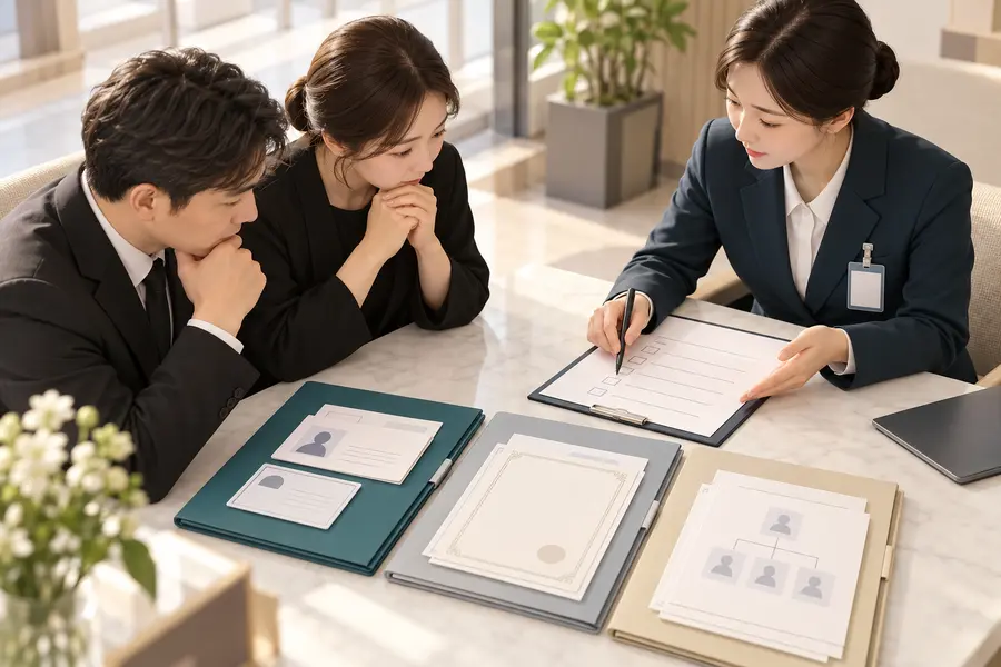 가족과 직원이 장례 시작 전 필요한 신분 확인 자료와 사망 관련 서류를 종류별로 확인하는 3D 일러스트