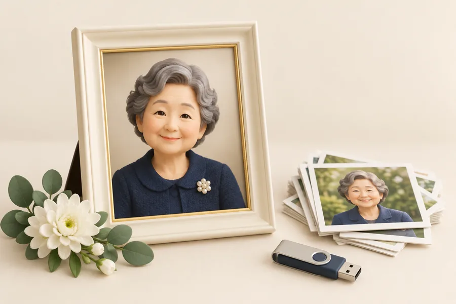 영정사진 예시 액자와 원본 사진, USB를 표현한 일러스트