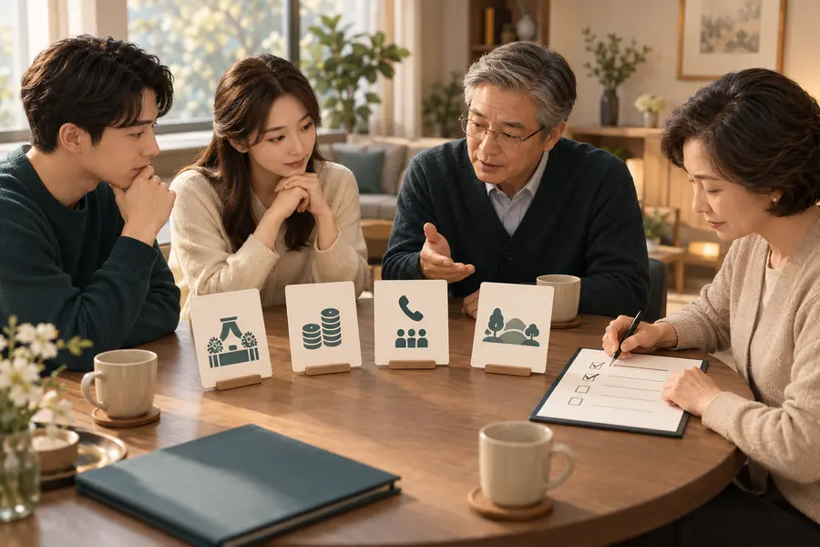 세대가 다른 가족들이 장례 방식과 예산 및 연락 담당을 카드로 나누어 상의하는 3D 일러스트