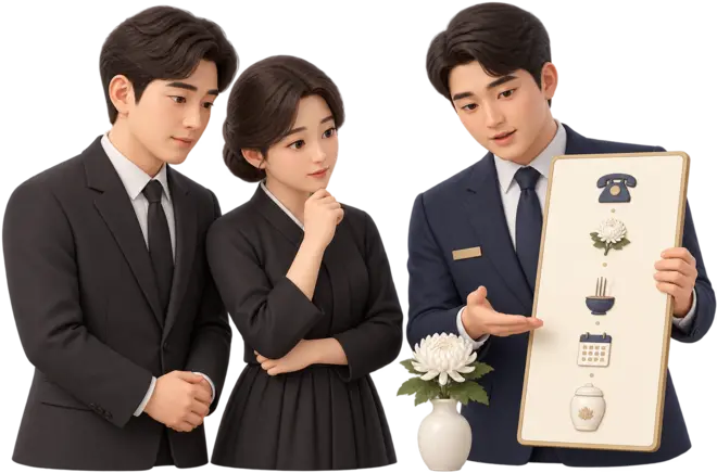 가족에게 가족장 절차를 안내하는 장례지도사 3D 일러스트