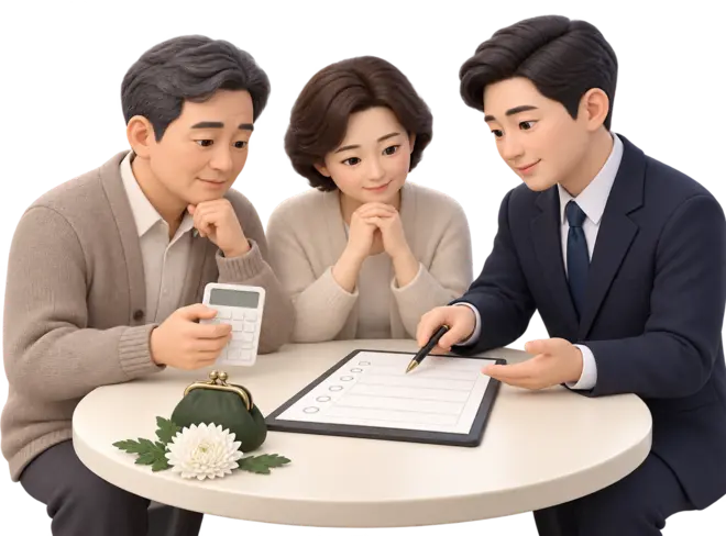 가족장 비용 항목을 함께 확인하는 가족과 장례지도사 3D 일러스트