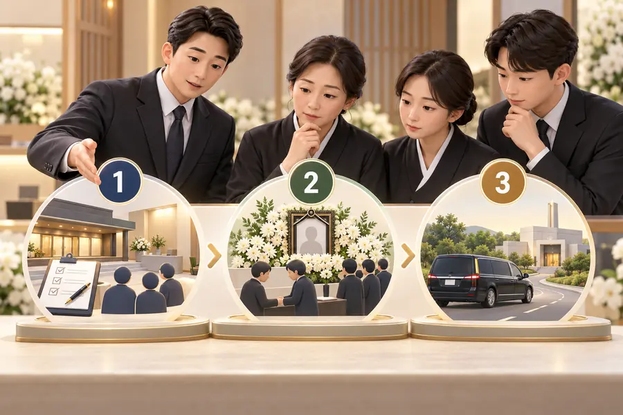 가족과 장례지도사가 첫날 준비, 둘째 날 입관과 조문, 셋째 날 발인과 화장장 이동의 세 단계를 살펴보는 3D 일러스트