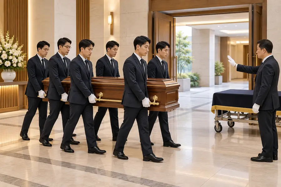 여섯 명의 운구 인원이 장례지도사의 신호에 맞춰 닫힌 관을 안전하게 이동하고 운구 카트와 출입문 동선을 확인하는 3D 일러스트
