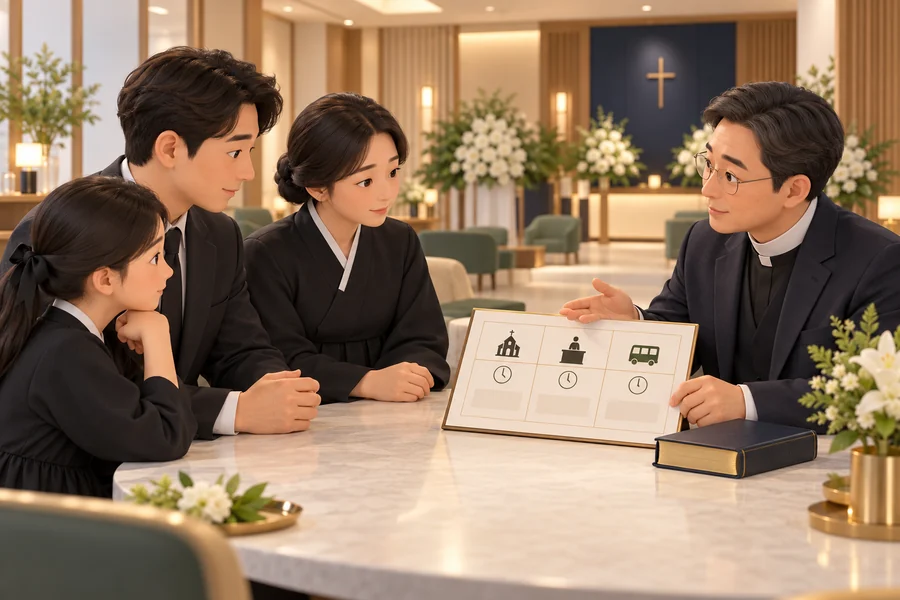 기독교식 장례를 준비하는 한국인 가족이 장례식장에서 목회자와 위로예배·입관예배·발인예배 시간을 확인하는 3D 일러스트