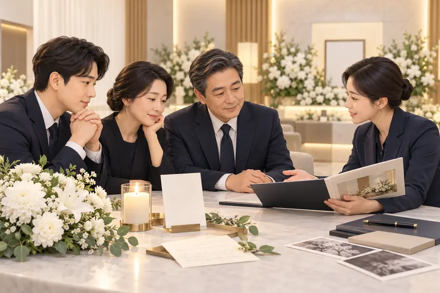 무교 장례를 준비하는 한국인 가족이 장례지도사와 가족 중심 추모 순서를 상의하는 일러스트