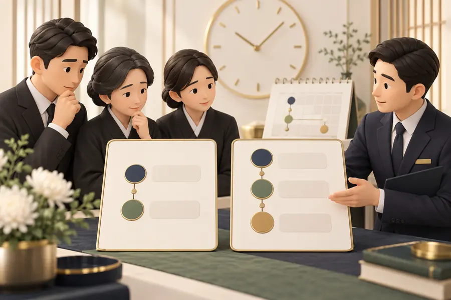 한국인 가족이 장례지도사와 2일장과 3일장의 일정 차이를 두 개의 시간표로 비교하는 3D 일러스트