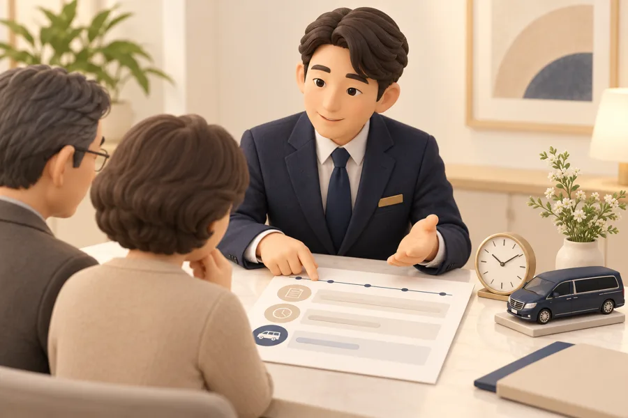 가족과 장례지도사가 시간과 서비스 조건을 비교하는 일러스트