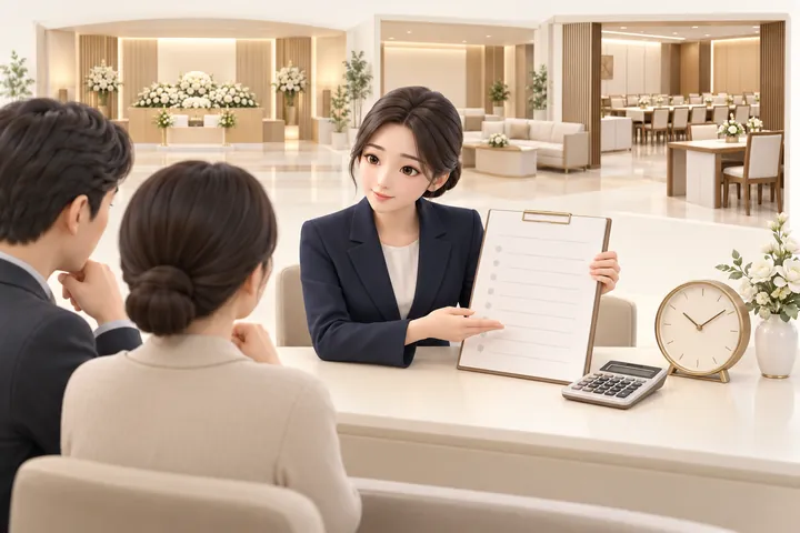 시설 사용료와 이용 시간을 상담하는 예시 일러스트