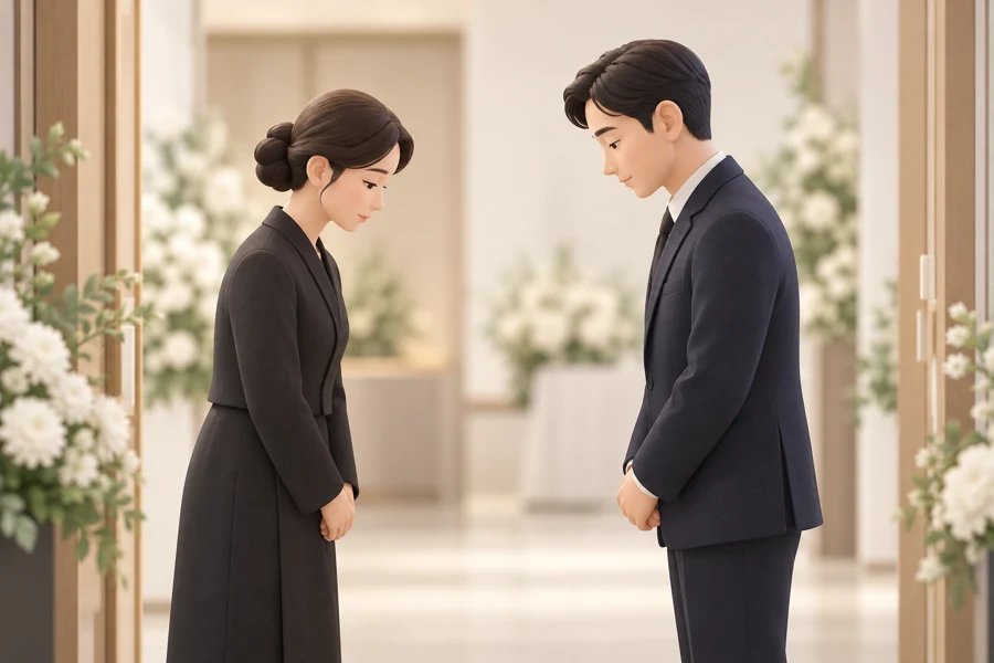상주와 조문객이 차분하게 짧은 인사를 나누는 개념 일러스트