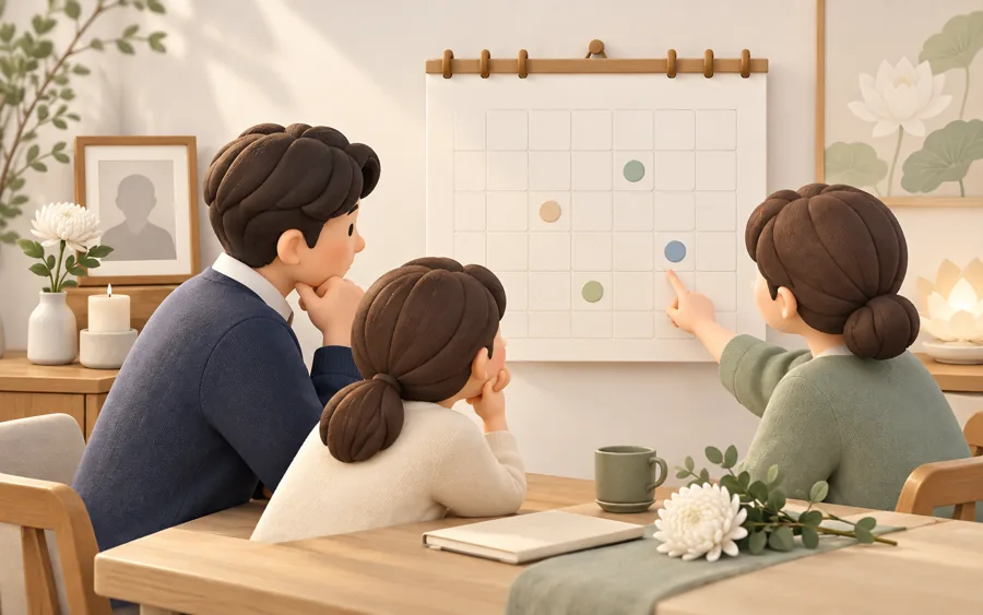 가족이 달력의 여러 날짜를 살펴보며 삼우와 49재, 기일 추모 일정을 상의하는 3D 일러스트