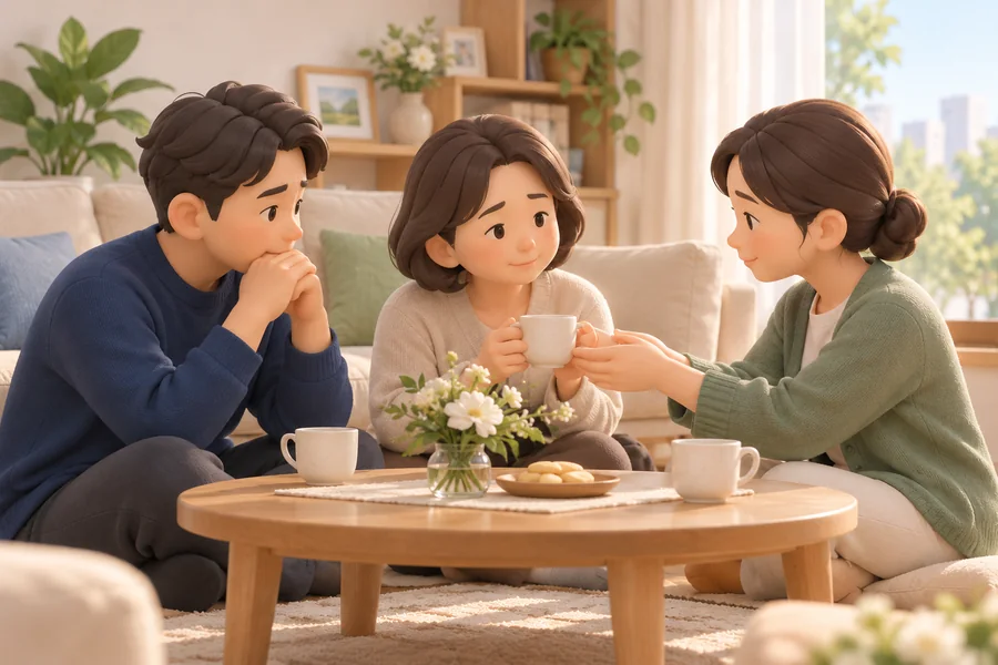 가족이 거실에서 차를 건네며 서로의 이야기를 조용히 듣는 3D 일러스트