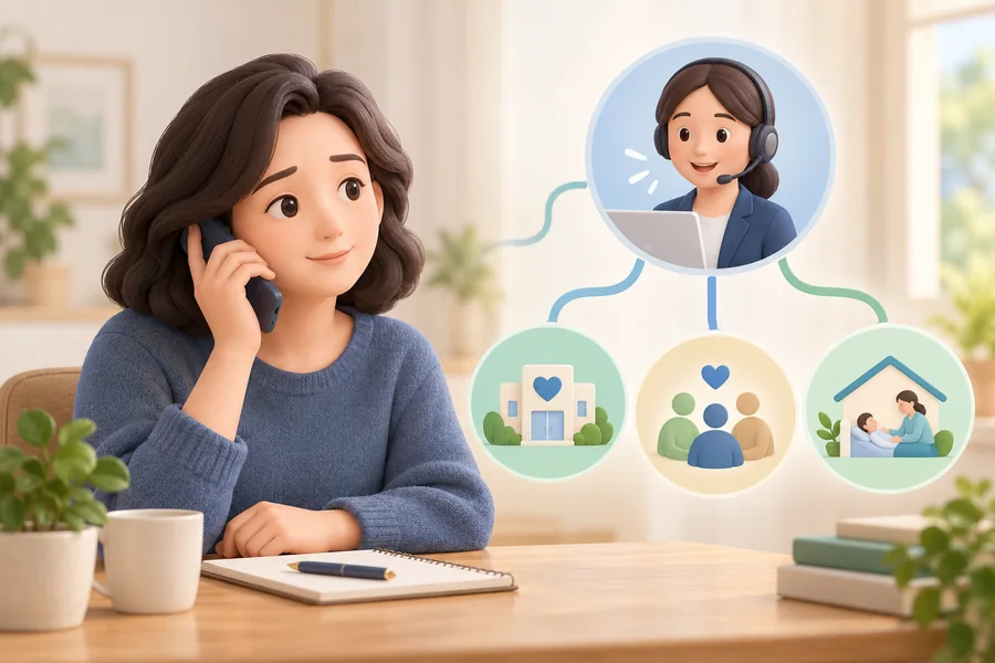사별한 사람이 전화로 상담받으며 공공기관과 지역센터 도움 경로를 확인하는 3D 일러스트