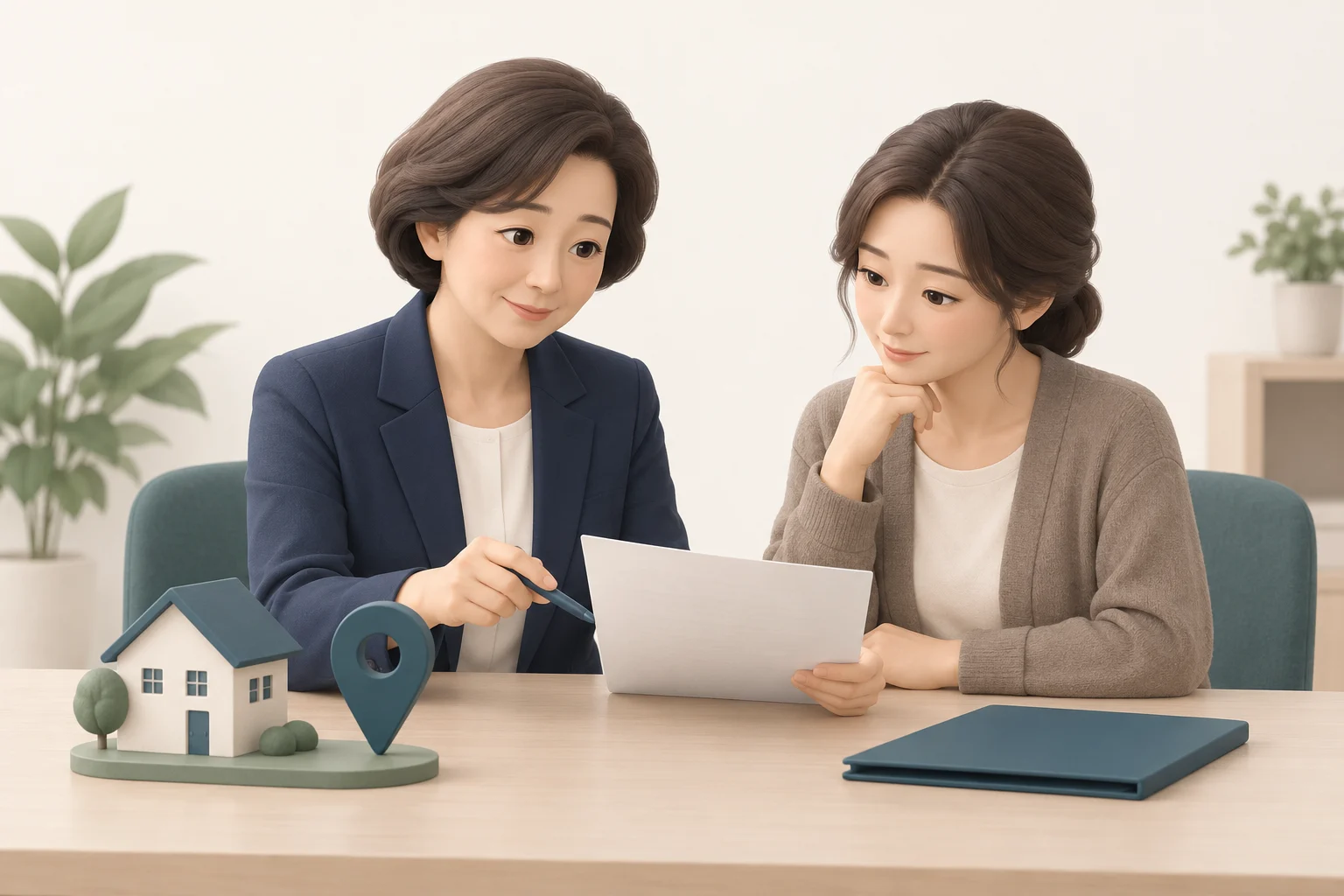 가족과 안내자가 거주 이력 자료를 함께 살펴보는 3D 일러스트